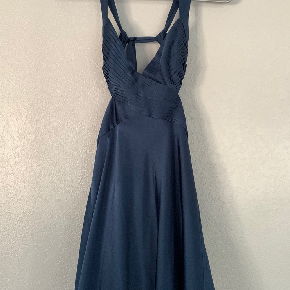 BCBG, blue satin maxi dress
